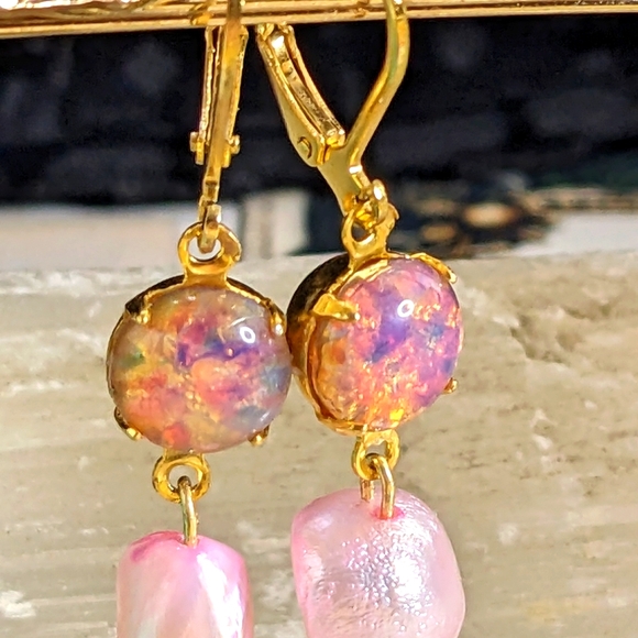 Pink Fire Opal & Freshwater Pink Baroque Pearls in 14K Gold Plated Drop Earrings - Picture 3 of 6